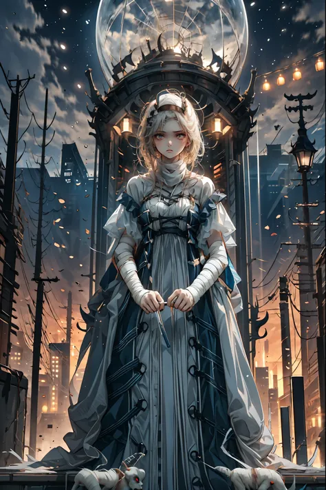 (((Bandage girl)))、Beautiful girl,Halloweenの夜,怪物に取り囲まれたCity, A girl being controlled by a monster , Transforming into a monster , A city filled with skyscrapers ,Cityの夜景
少女の傷付いた姿, A girl's expression is gloomy and gloomy ,frightened posture, A girl hiding...