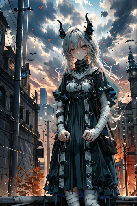 (((Bandage girl)))、Beautiful girl,Halloweenの夜,怪物に取り囲まれたCity, A girl being controlled by a monster , Transforming into a monster , A city filled with skyscrapers ,Cityの夜景
少女の傷付いた姿, A girl's expression is gloomy and gloomy ,frightened posture, A girl hiding...