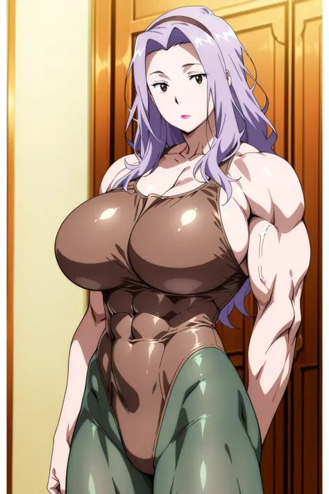 score 9 、score 8 up、score 7 up、source anime、傑作、best quality、best image quality、best resolution、anime coloring、anime screencap、anime screenshot、1woman、Close-up of a woman with long purple hair、muscular and strong、make up、messy hair、lipstick、wavy hair、parted...