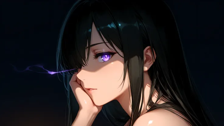 1girl, solo, semi-realistic anime woman, Luna, dark moody background, dramatic profile close-up with side lighting, silky straight pure jet black hair flowing naturally, hair covering her right eye down to her cheek (from viewer’s left side), visible dark ...