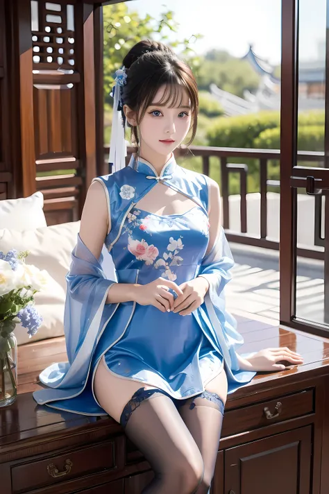 CHUNGSAM , 1 girl, blue bow, blue eyes, blue Flowers, Blue Ribbon, blue Rose, chest, Chinese Costume, Chinese Costume, dress, Flower, gradation by JM, gradation by JM background, embroidered ball Flower, watch the audience, small chest, pantyhose, Rose, br...