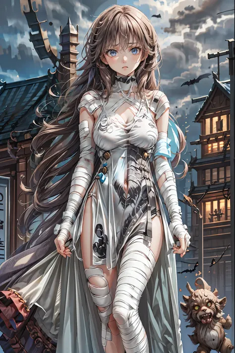 (((Bandage girl)))、Beautiful girl,Halloweenの夜,怪物に取り囲まれたCity, A girl being controlled by a monster , Transforming into a monster , A city filled with skyscrapers ,Cityの夜景

少女の傷付いた姿, A girl's expression is gloomy and gloomy ,frightened posture, A girl hiding...