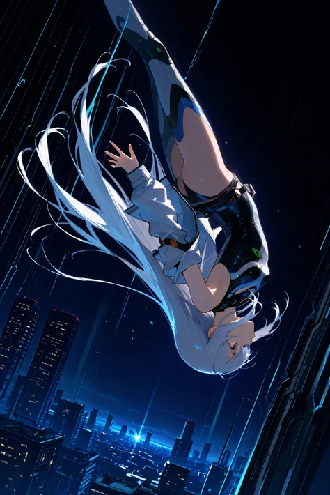 masterpiece, high resolution, an anime girl, cute face, detailed face, very long hair, white hair, blue eyes, from below, low angle, from side, profile, skydiving, upside-down, dynamic angle, dynamic action, ((falling down a skyscraper)), flying, bodysuit,...
