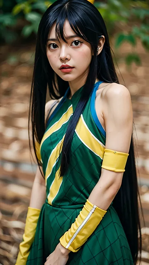 Wendy Marvell from Fairy Tail, half-body portrait, ultra-realistic and super detailed style, youthful and gentle expression, long dark blue hair with a silky texture, big brown eyes full of kindness, wearing her signature green and yellow outfit with blue ...