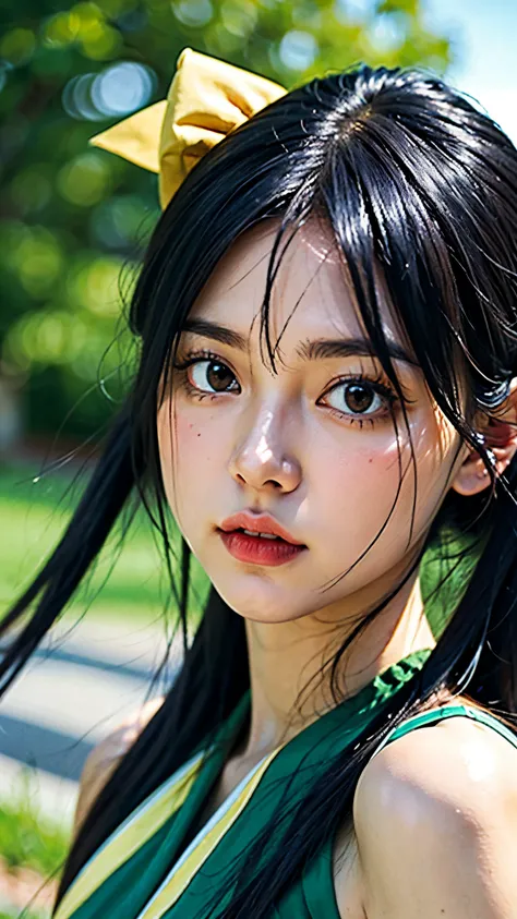 Wendy Marvell from Fairy Tail, half-body portrait, ultra-realistic and super detailed style, youthful and gentle expression, long dark blue hair with a silky texture, big brown eyes full of kindness, wearing her signature green and yellow outfit with blue ...