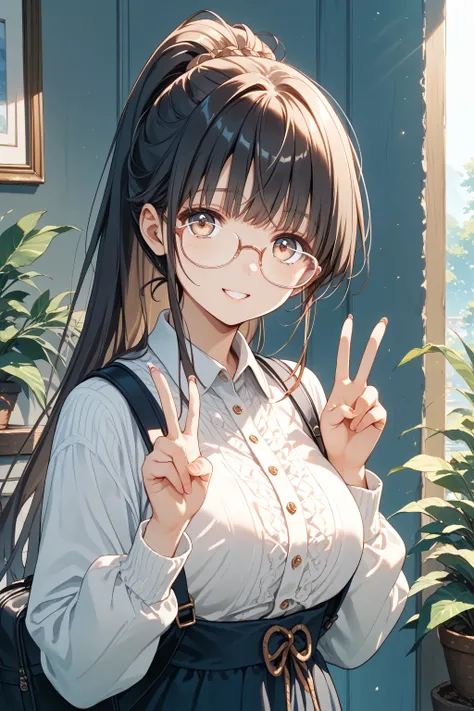 married woman、mature、Glasses、dark haired、ponytail、((double peace sign))、masterpiece, Highest Quality, amazing quality,