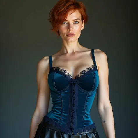 A realistic, high resolution photograph of a beautiful Caucasian woman in her 40's; full body frontal view facing the camera with her arms at her side, looking at the camera. There is extra space in the photo above her head. She has tall, lithe, fashion mo...