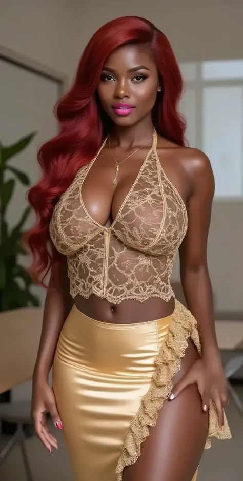 A sensual and sexy Ebony milf, muy cachonda y hermosa nena brrunette mature. She has shiny dark red hair, long and wavy. Beautiful brown eyes, sexy half-open thick lips and bright pink lipstick. She wears a short top in transparent gold lace, sleeveless. p...