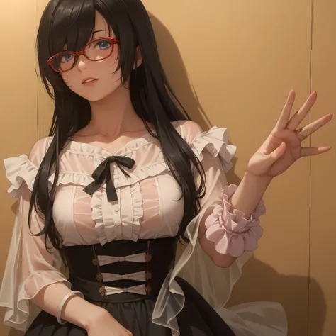 ((inspired by )),((inspired by Animation Style:1.5)),(masterpiece, best quality),beautiful, beautiful-woman, ((detailed face)).(full body:1.3)., 
((black hair)), glasses, blue eyes, long hair, over-rim eye-wear,semi-rimless eye-wear, between eyes .(red-fra...