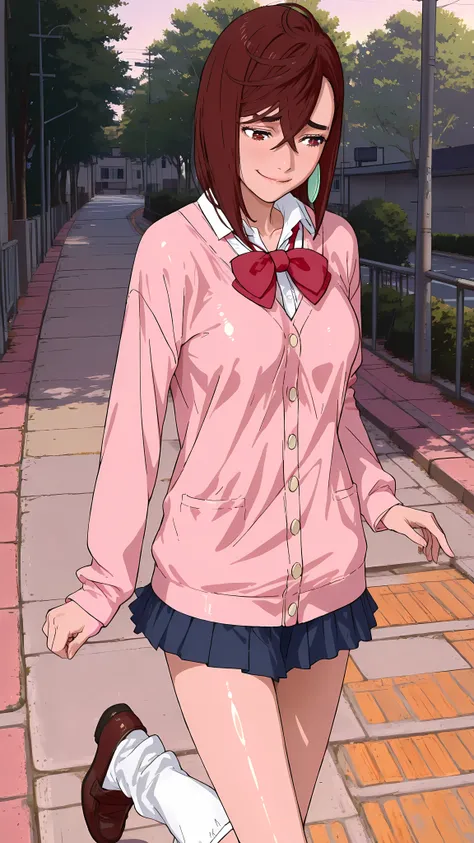 (masterpiece,best quality:1.2,amazing quality,very aesthetic, absurdres, newest),(anime coloring), dandadan style,(Ayase Momo, Dandadan ),1girl,(ideal ratio body proportions:1.2),(slender body,skinny:1.2), medium breasts,big eyes,brown eyes,shy smile, choc...