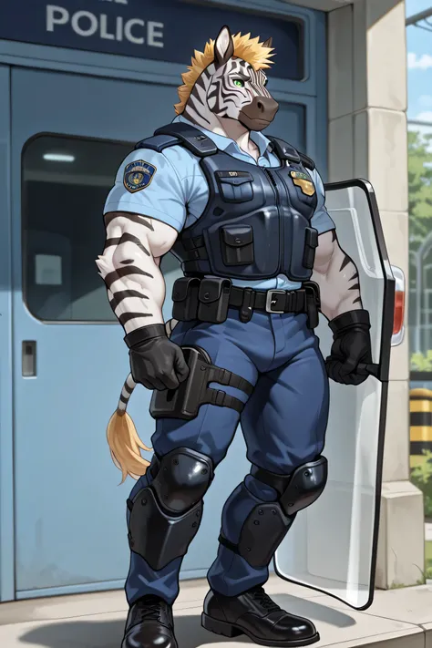 4g1typ3,Zebra, Male, Solo, Tall, Muscular, Tail, Green Eyes, Blonde Mohican, Riot police armor, Riot Shield, Police Station Background