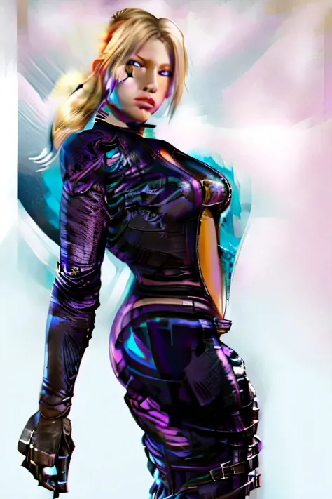 cowboy_shot,white background,masterpiece,best quality,extreme detail,8k,<lora:nina:0.8>,nina2,1girl,solo,long hair,breasts,blue eyes,blonde hair,medium breasts,ponytail,lips,bodysuit,realistic,center opening,unzipped,