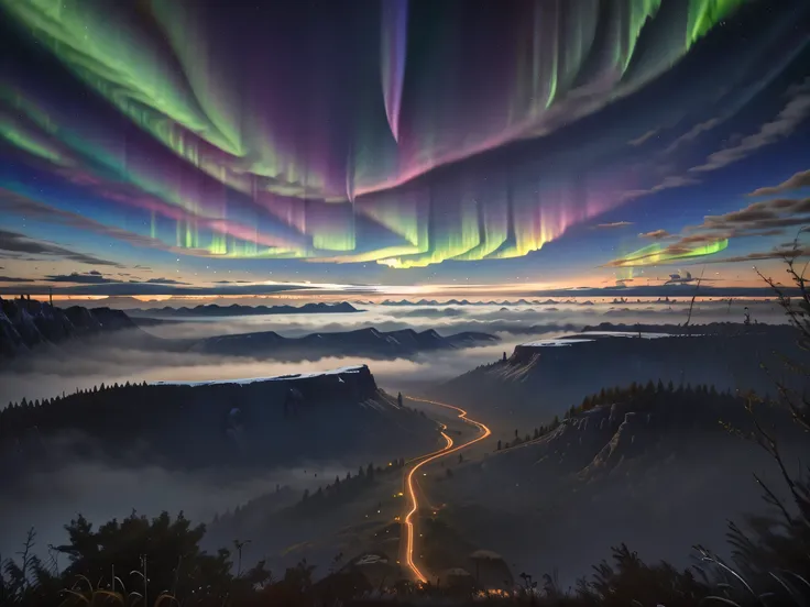 a passenger airplane flying through a surreal night sky above a frozen landscape, trails of time being devoured by glowing distortions, fragments of the earth and clouds dissolving into golden and blue dust, aurora borealis spreading across the horizon, st...