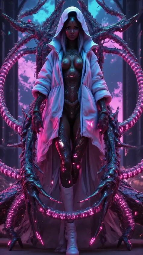 The background is set in the world of Warframe, featuring Johanna de Armas, a young woman whose elegant yet powerful appearance captures the essence of retro futurism. Her exoskeleton suit showcases vibrant expressionism and emotive futuristic baroque and ...