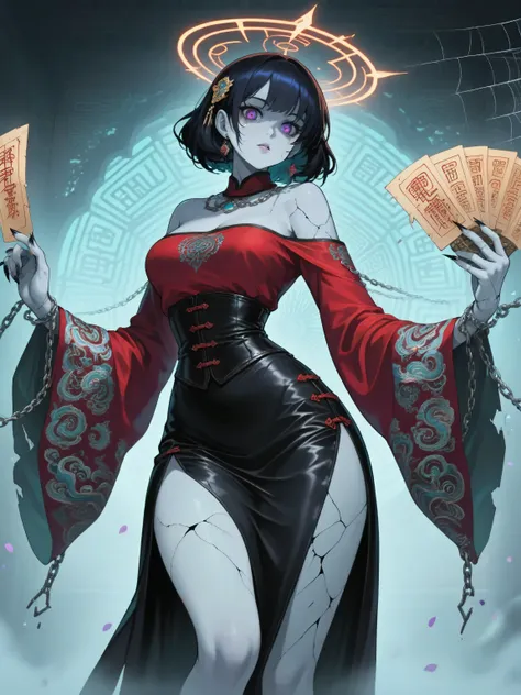 (masterpiece, best quality:1.2), 1girl, solo, In a wide-angle shot under the moonlight, a zombie girl styled in the manner of Zhen Huan from JOJO's Bizarre Adventure strikes a battle pose. She arches backward in mid-air, showcasing the curves of her waist ...