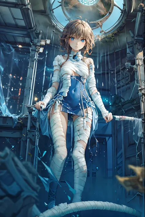 (((Bandage girl)))、Beautiful girl,Halloweenの夜,怪物に取り囲まれたCity,((from below:1.2)),, Transforming into a monster , A city filled with skyscrapers ,Cityの夜景、meteor、空から降り注ぐmeteor、無数のmeteor群、

The girl's wounded figure, A girl's expression is gloomy and gloomy ,fr...