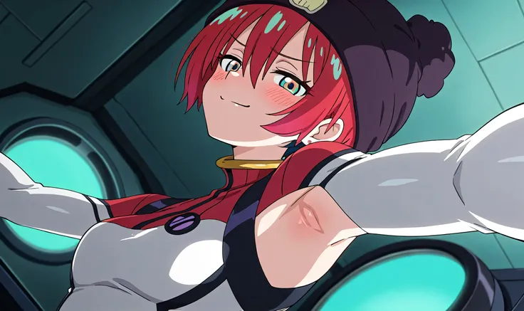 masterpiece, best quality, amazing quality, anime screencap, anime coloring, 1girl, solo, amate yuzuriha, short hair, red hair, aqua eyes, multicolored eyes, small breasts, amate yuzuriha \(pilot suit\), beanie, sleeves, armpit cutout, exposed armpit, insi...