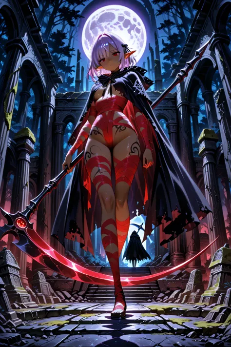 High Quality, masterpiece, super high resolution, light purple hair, Dark Elf Girl, side tail, black lace ribbon, brown skin, red eyes, Naked white bandage, chest and crotch covered with bandages, black cloak to be fastened on the shoulder, right hand hold...