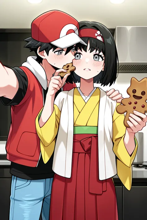 Erika_(Pokemon), 1girl, Bob_cut, medium_hair, black_hair, blunt_bangs, blunt_ends, hairband, red_ hairband, grey_eyes, eyelashes, kimono, yellow_kimono, Hakama, red_Hakama, blush,  beautiful_detailed_eyes, masterpiece, red_(Pokemon), baseball_cap, brown_ha...