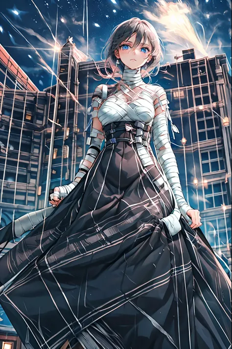 (((Bandage girl)))、Beautiful girl,Halloweenの夜,怪物に取り囲まれたCity,((from below:1.2)),, Transforming into a monster , A city filled with skyscrapers ,Cityの夜景、meteor、空から降り注ぐmeteor、無数のmeteor群、

The girl's wounded figure, A girl's expression is gloomy and gloomy ,fr...