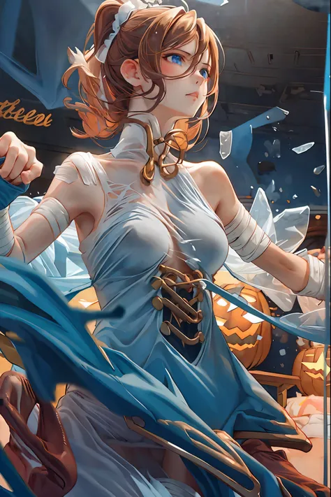 (((Bandage girl)))、Beautiful girl,Halloweenの夜,怪物に取り囲まれたCity,((from below:1.2)),, Transforming into a monster , A city filled with skyscrapers ,Cityの夜景、meteor、空から降り注ぐmeteor、無数のmeteor群、

The girl's wounded figure, A girl's expression is gloomy and gloomy ,fr...