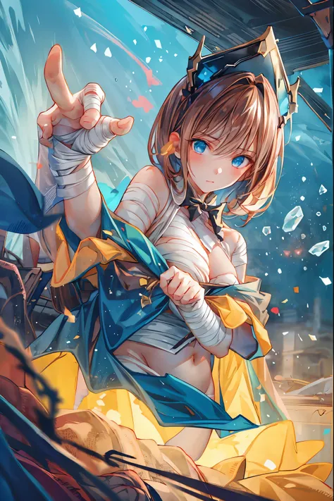 (((Bandage girl)))、Beautiful girl,Halloweenの夜,怪物に取り囲まれたCity,((from below:1.2)),, Transforming into a monster , A city filled with skyscrapers ,Cityの夜景、meteor、空から降り注ぐmeteor、無数のmeteor群、
The girl's wounded figure, A girl's expression is gloomy and gloomy ,fr...