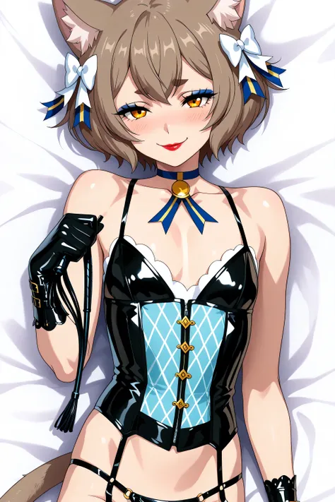 <lora:dominatrix-ponyxl-lora-nochekaiser:1>, dominatrix, bondage outfit, whip, holding whip, latex gloves, latex corset, latex panties, felix argyle, short hair, bangs, brown hair, animal ears, hair bow, male focus, cat ears, eyelashes, bob cut, thick eye...