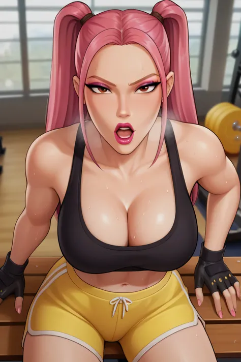 BREAK, score_6_up, score_7_up, score_8_up, score_9, 1girl, solo, kpdh_m1ra, long hair, pink hair, brown eyes, twintails, lipstick, makeup, official KPop Demon Hunters aesthetic, large breasts, busty, cleavage, curvy, athletic, looking at viewer, seducing v...