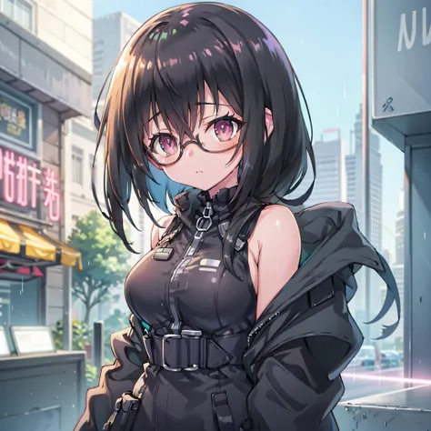 Anime girl with pink hair and glasses in the rain, oppai cyberpunk,  cyberpunk anime girl  in hoodie,  Cool Anime 8K ,  cyberpunk anime girl  4K konachan, cyberpunk anime art,  cyberpunk anime girl  , cyberpunk anime art, female  cyberpunk anime girl  , {{...