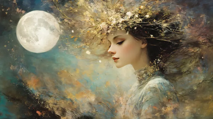 layered, exploration, girl, incantation, moon, starlit, whimsy mood, moody colors by Georges Clairin