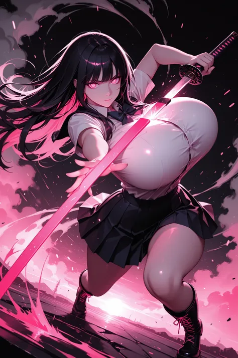 (((Masterpiece))), top Quality, dynamic composition, 1girl, hand on katana, unsheathing, school uniform, solo, black hair, looking at viewer, bangs,  fuchsia eyes, long hair, closed mouth, embers, black background, boots, dynamic pose, dutch angle,foreshor...