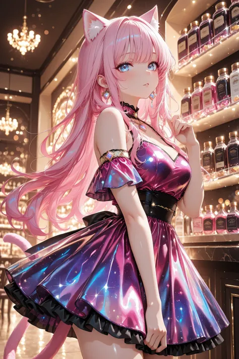 anime catgirl with vivid magenta long hair, sparkling jewel-like cat ears, glossy tail, candy gem-inspired dress with translucent layers, glamorous pose, luxury sweets shop background, bokeh, cinematic lighting, masterpiece