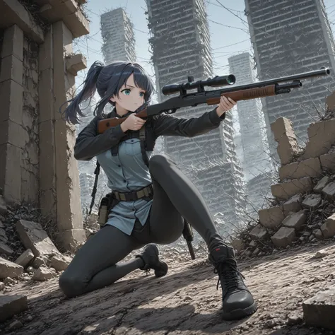 1girl, solo, Cyan Hair, ponytail , Side sweep bangs, look away, Aim for the bottom ,  5n1p3r _ cr4dl3 , thumb rifle, rifle with arm,  Hand above the knee , has a rifle, shotgun, raise one leg, feet on the floor, Kneel,  Dynamic Poses, ruins, wide angle sho...