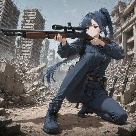 1girl, solo, Navy blue high knot ponytail , Side sweep bangs, look away, Aim for the bottom ,  5n1p3r _ cr4dl3 , thumb rifle, rifle with arm,  Hand above the knee , has a rifle, shotgun, raise one leg, feet on the floor, Kneel,  Dynamic Poses, ruins, wide ...