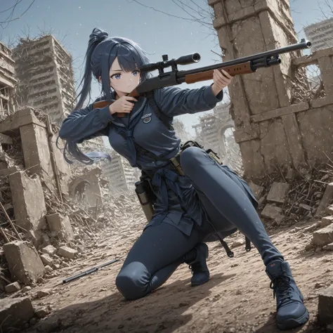 1girl, solo, Navy blue high knot ponytail , Side sweep bangs, look away, Aim for the bottom ,  5n1p3r _ cr4dl3 , thumb rifle, rifle with arm,  Hand above the knee , has a rifle, shotgun, raise one leg, feet on the floor, Kneel,  Dynamic Poses, ruins, wide ...