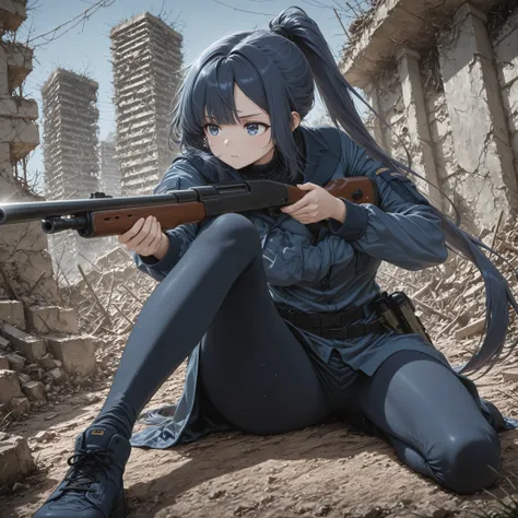 1girl, solo, Navy blue high knot ponytail , Side sweep bangs, look away, Aim for the bottom ,  5n1p3r _ cr4dl3 , thumb rifle, rifle with arm,  Hand above the knee , has a rifle, shotgun, raise one leg, feet on the floor, Kneel,  Dynamic Poses, ruins, wide ...