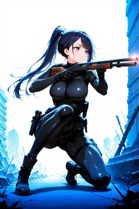 masterpiece,Highest Quality,Highest Quality,Very Detailed,8K,Wallpaper, A Japanese woman ,small face,, a very fitted black enamel shiny tactical bodysuit that covers the whole body,Tactical Headset,Tactical Holster,Tactical Gloves, long boots, , Navy blue ...