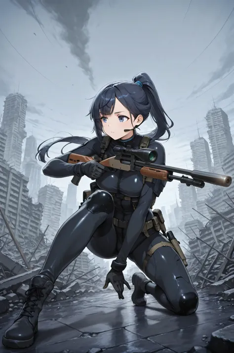 masterpiece,Highest Quality,Highest Quality,Very Detailed,8K,Wallpaper, A Japanese woman ,small face,, a very fitted black enamel shiny tactical bodysuit that covers the whole body,Tactical Headset,Tactical Holster,Tactical Gloves, long boots, , Navy blue ...