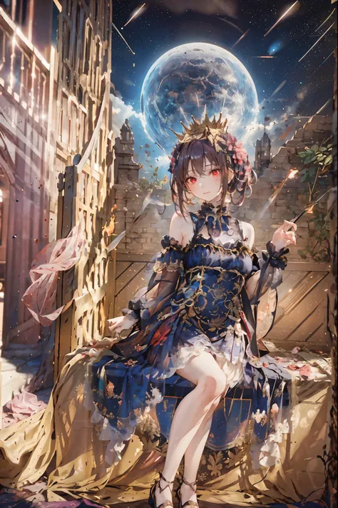 (((red eyes)))、(((Gold crown)))、A bewitching crimson eyed fairy with high quality red eyes and a sad expression、Sitting on a splendid chair in an abandoned castle、It looks like they are crossing their legs。luxurious crown，darkness and moonlight shining in ...