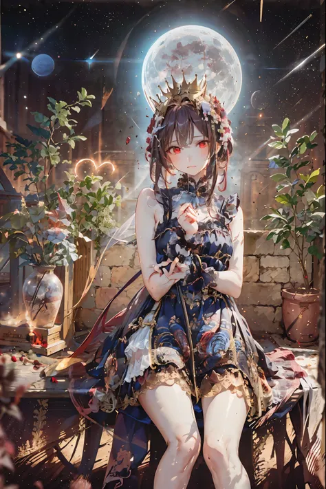 (((red eyes)))、(((Gold crown)))、A bewitching crimson eyed fairy with high quality red eyes and a sad expression、Sitting on a splendid chair in an abandoned castle、It looks like they are crossing their legs。luxurious crown，darkness and moonlight shining in ...