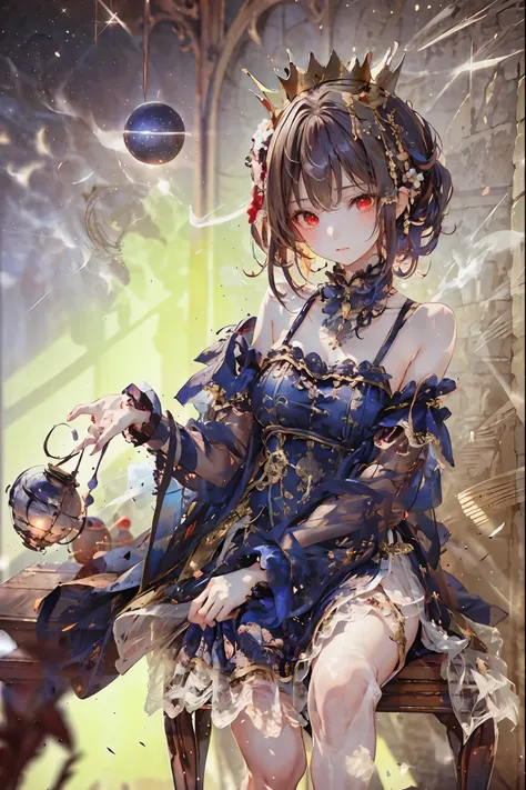 (((red eyes)))、(((Gold crown)))、A bewitching crimson eyed fairy with high quality red eyes and a sad expression、Sitting on a splendid chair in an abandoned castle、It looks like they are crossing their legs。luxurious crown，darkness and moonlight shining in ...