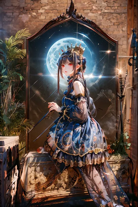 (((red eyes)))、(((Gold crown)))、A bewitching crimson eyed fairy with high quality red eyes and a sad expression、Sitting on a splendid chair in an abandoned castle、It looks like they are crossing their legs。luxurious crown，darkness and moonlight shining in ...