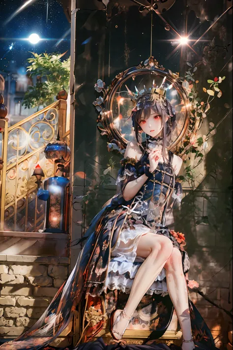 (((red eyes)))、(((Gold crown)))、A bewitching crimson eyed fairy with high quality red eyes and a sad expression、Sitting on a splendid chair in an abandoned castle、It looks like they are crossing their legs。luxurious crown，darkness and moonlight shining in ...
