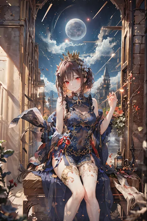(((red eyes)))、(((Gold crown)))、A bewitching crimson eyed fairy with high quality red eyes and a sad expression、Sitting on a splendid chair in an abandoned castle、It looks like they are crossing their legs。luxurious crown，darkness and moonlight shining in ...