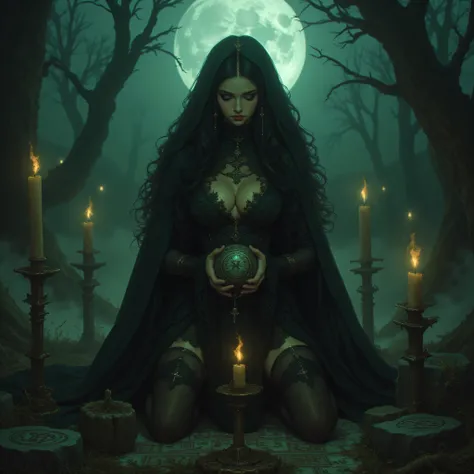 > A mysterious gothic witch performing a ritual under a full moon. Her long black wavy hair cascades softly over her shoulders. Dressed in a flowing black lace gown with subtle shimmer, she kneels gracefully, holding a glowing orb in her delicate hands — f...