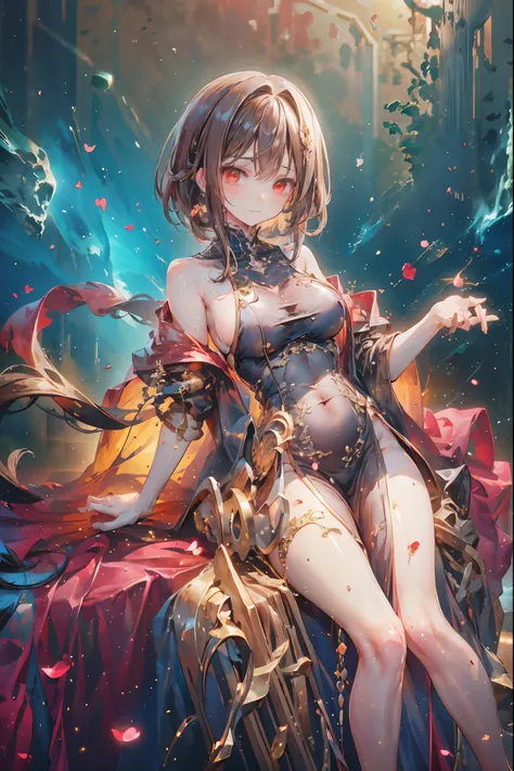 (((red eyes)))、(((Gold crown)))、A bewitching crimson eyed fairy with high quality red eyes and a sad expression、Sitting on a splendid chair in an abandoned castle、It looks like they are crossing their legs。luxurious crown，brown hair，shortcuts，unkempt hair，...