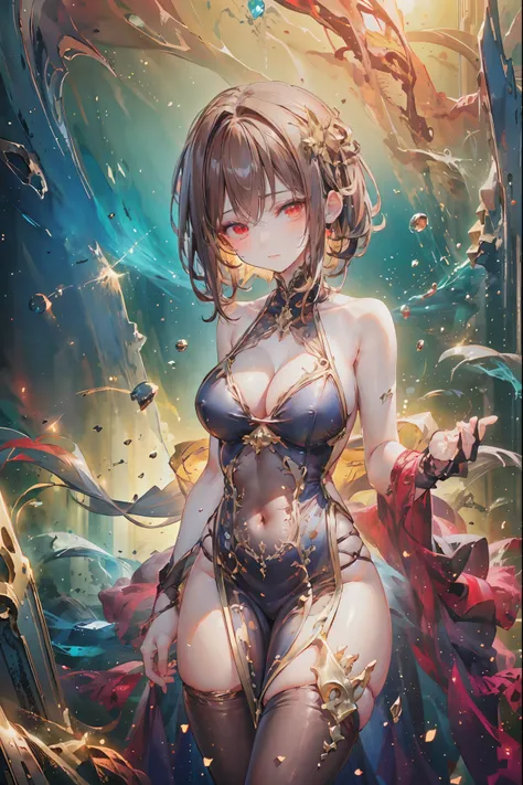 (((red eyes)))、(((Gold crown)))、A bewitching crimson eyed fairy with high quality red eyes and a sad expression、Sitting on a splendid chair in an abandoned castle、It looks like they are crossing their legs。luxurious crown，brown hair，shortcuts，unkempt hair，...