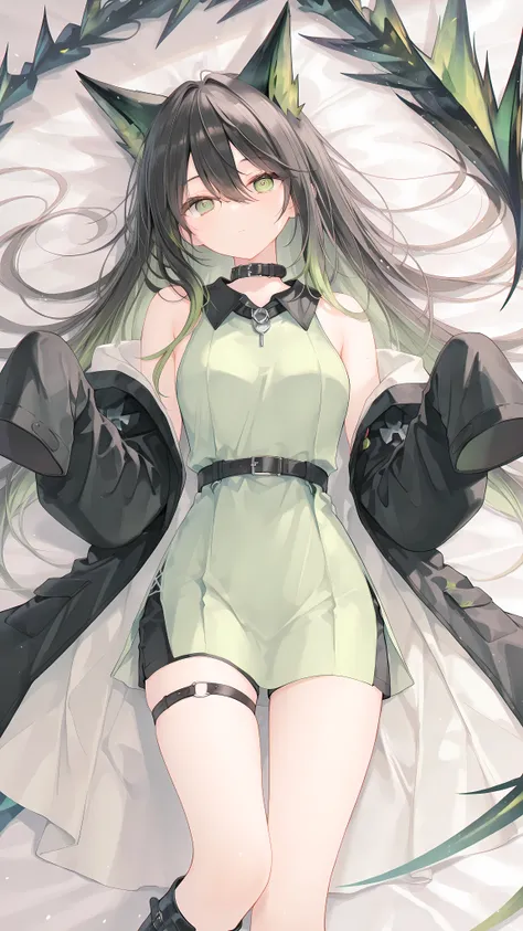@@,sl4ck,lying, on back,rurudo, best quality, very aesthetic,Mon3tr,animal ears,long hair,black hair,multicolored hair,green hair,sidelocks,hair between eyes,bangs,green eyes,collar,bare shoulders,off shoulder,black collar,black coat,open coat,green dress,...