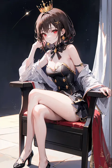 (((red eyes)))、(((Gold crown)))、A bewitching crimson eyed fairy with high quality red eyes and a sad expression、Sitting on a splendid chair in an abandoned castle、It looks like they are crossing their legs。luxurious crown，brown hair，shortcuts，unkempt hair，...