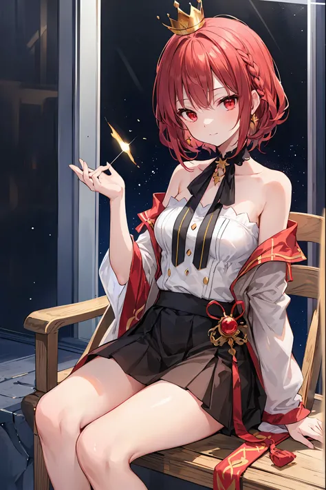 (((red eyes)))、(((Gold crown)))、A bewitching crimson eyed fairy with high quality red eyes and a sad expression、Sitting on a splendid chair in an abandoned castle、It looks like they are crossing their legs。luxurious crown，brown hair，shortcuts，unkempt hair，...